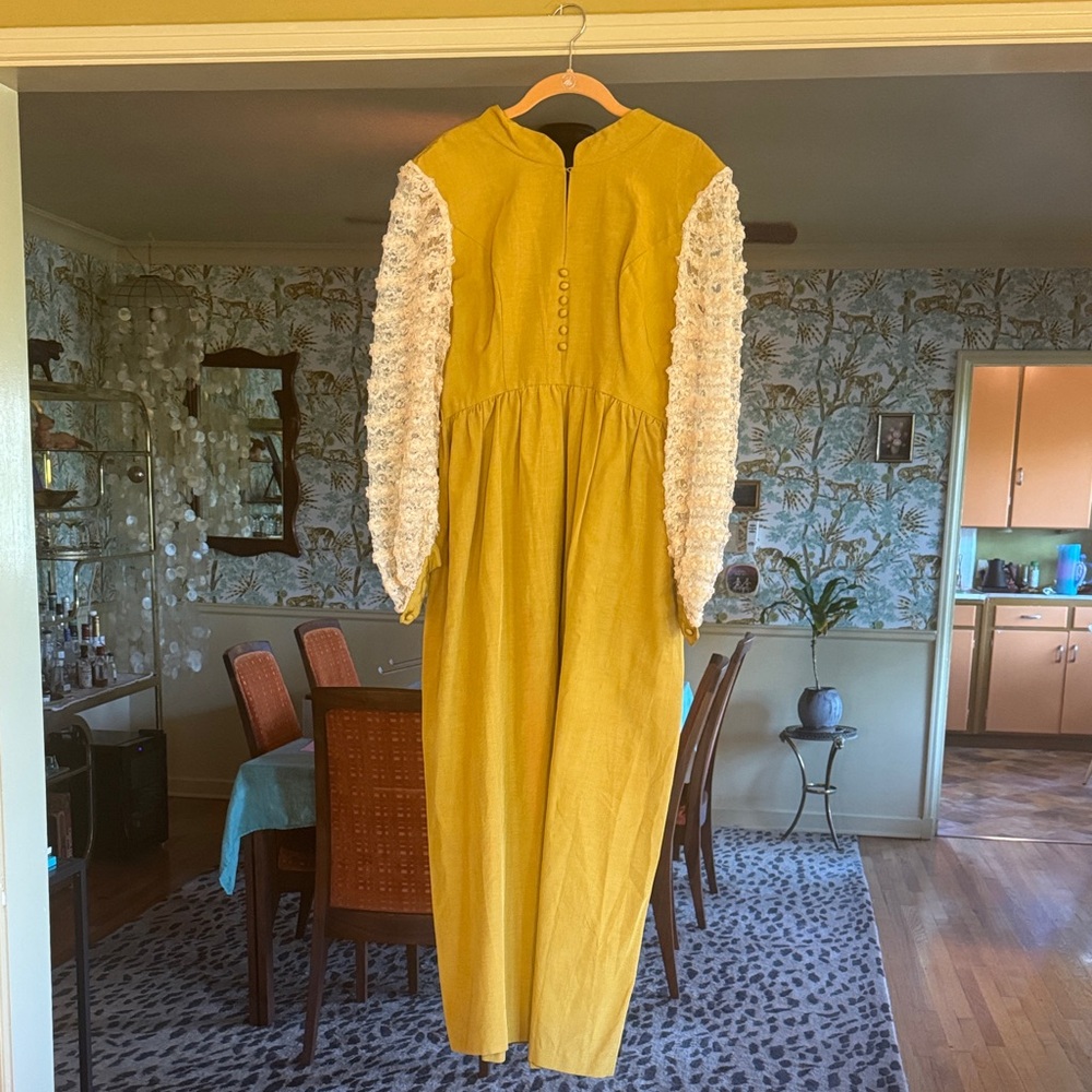 Elegant Chartreuse Yellow Vintage Lorrie Deb Dress with Cream Lace Sleeves